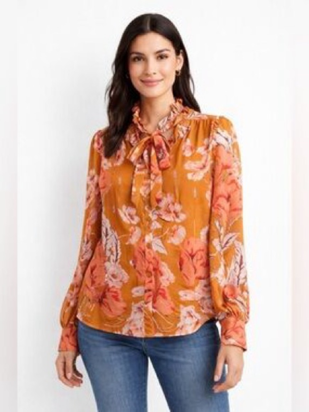 Ann Taylor Floral Tie-Neck Blouse in rust / pink - size small
